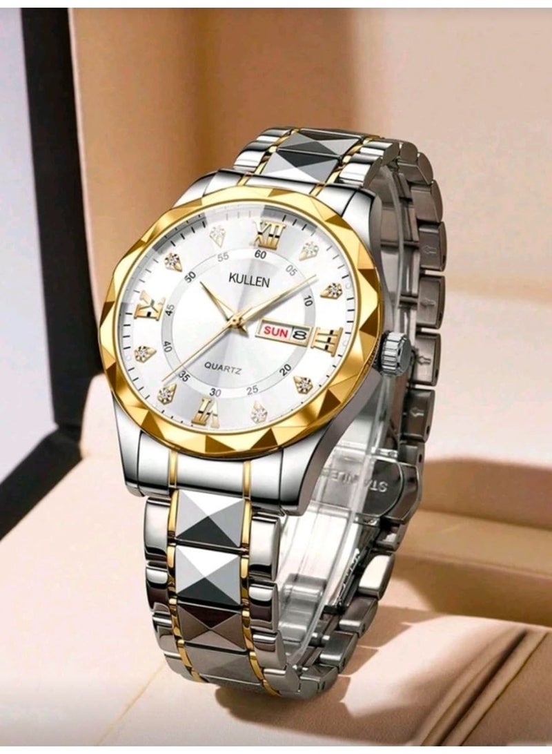 KULLEN Men's Casual Business Quartz Watch With Calendar, Stainless Steel Strap (Gold) - Image 2